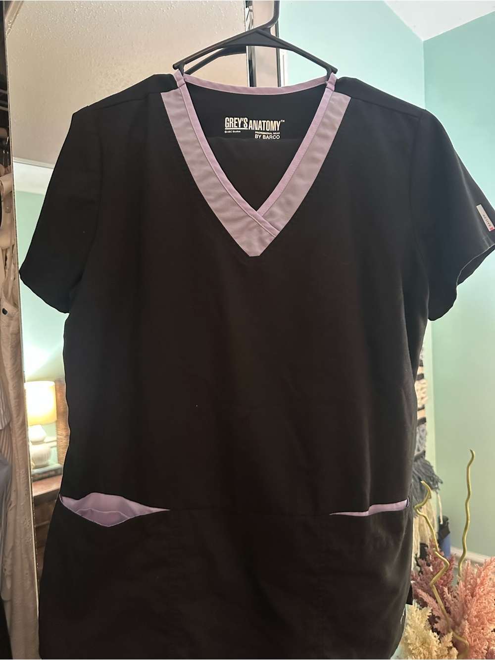 Grey's Anatomy Black Scrub Top and Pants with Lavender Trim